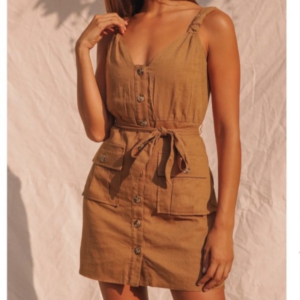 Lulu's Tan Button-Up Mini Dress